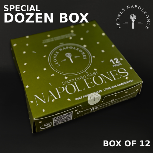 Green box of Leones Napoleones with branding and product details on a dark background