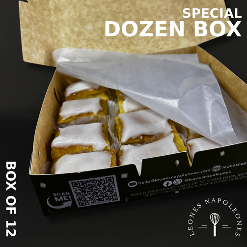 Open box of Leones Napoleones with a dozen pastries, featuring a QR code and brand logo.