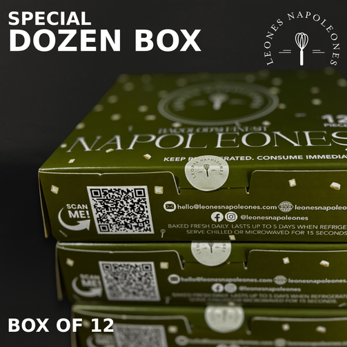 Napoleonese box packaging with QR codes and branding on a dark background